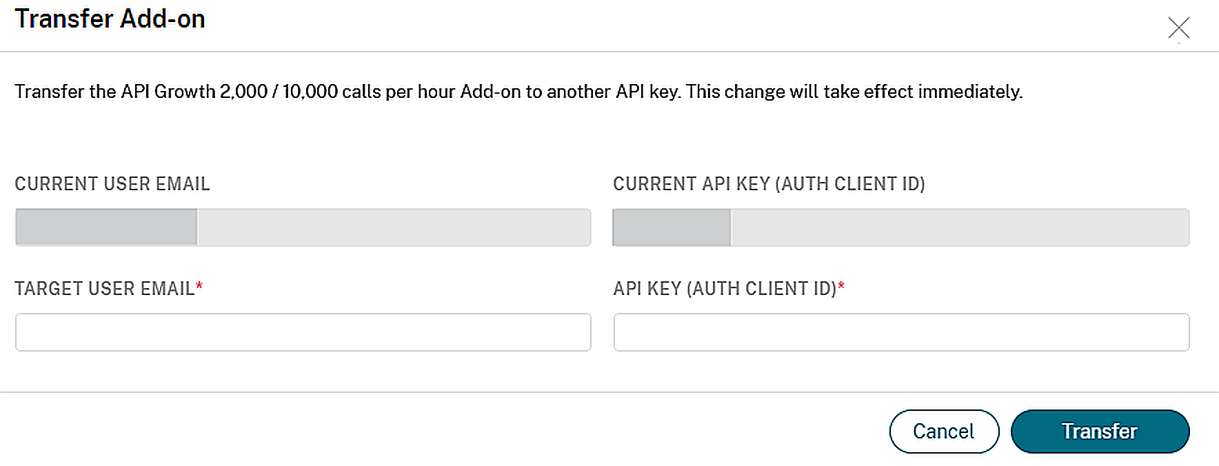 Transfer add-on form